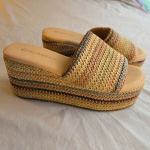 Berness Amber02 Platform Slide 90s Y2K  Tan Multicolor Woven Raffia Chunky NWOB